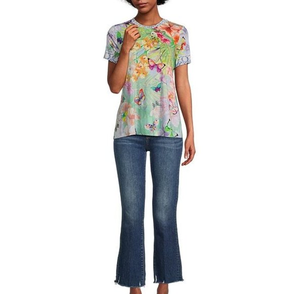 Johnny Was Cozumel Favorite Swing Tee Shirt Floral Butterfly Top Violet Green NW - Picture 9 of 16